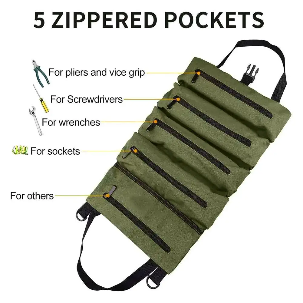 5 - Pocket Roll Up Tool Organizer Bag With Zippered Pockets Portable Storage For Tools Hardware Mechanic Electrician Repair Kit
