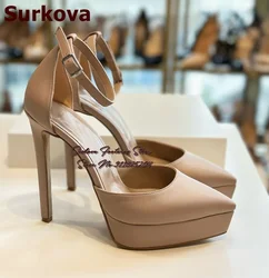 Surkova Beige Black Satin Stiletto Heels Dress Pumps Platform Pointed Toe Banquet Evening Shoes Ankle Buckle Strap Shallow Heels