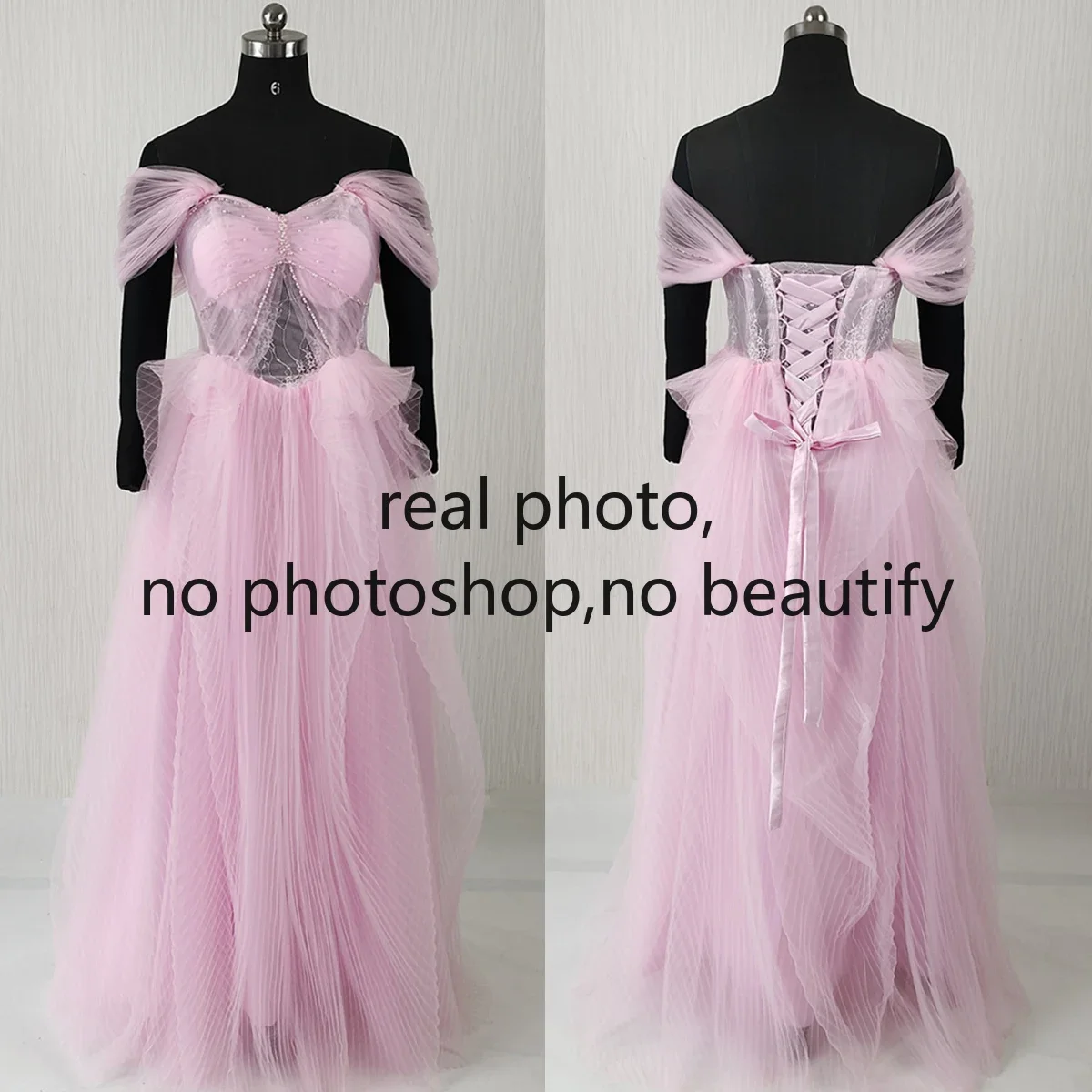 

Customization Real Photo Evening Dress Pinkt Tulle Beads Off the Shoulder A-line Floor Length Plus size Women Party Formal Gowns
