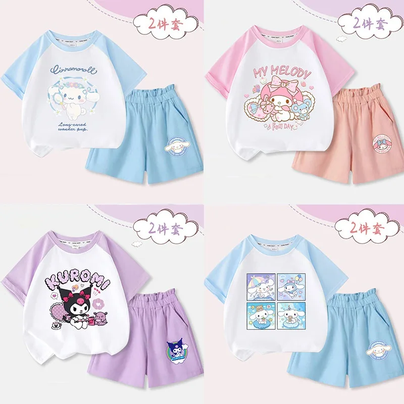 2Pcs Anime Sanrios Cinnamoroll Kids Summer Short Sleeve Shorts Kawaii Melody Kuromi Boy Girls Cotton T-Shirt Cartoon Print Tops