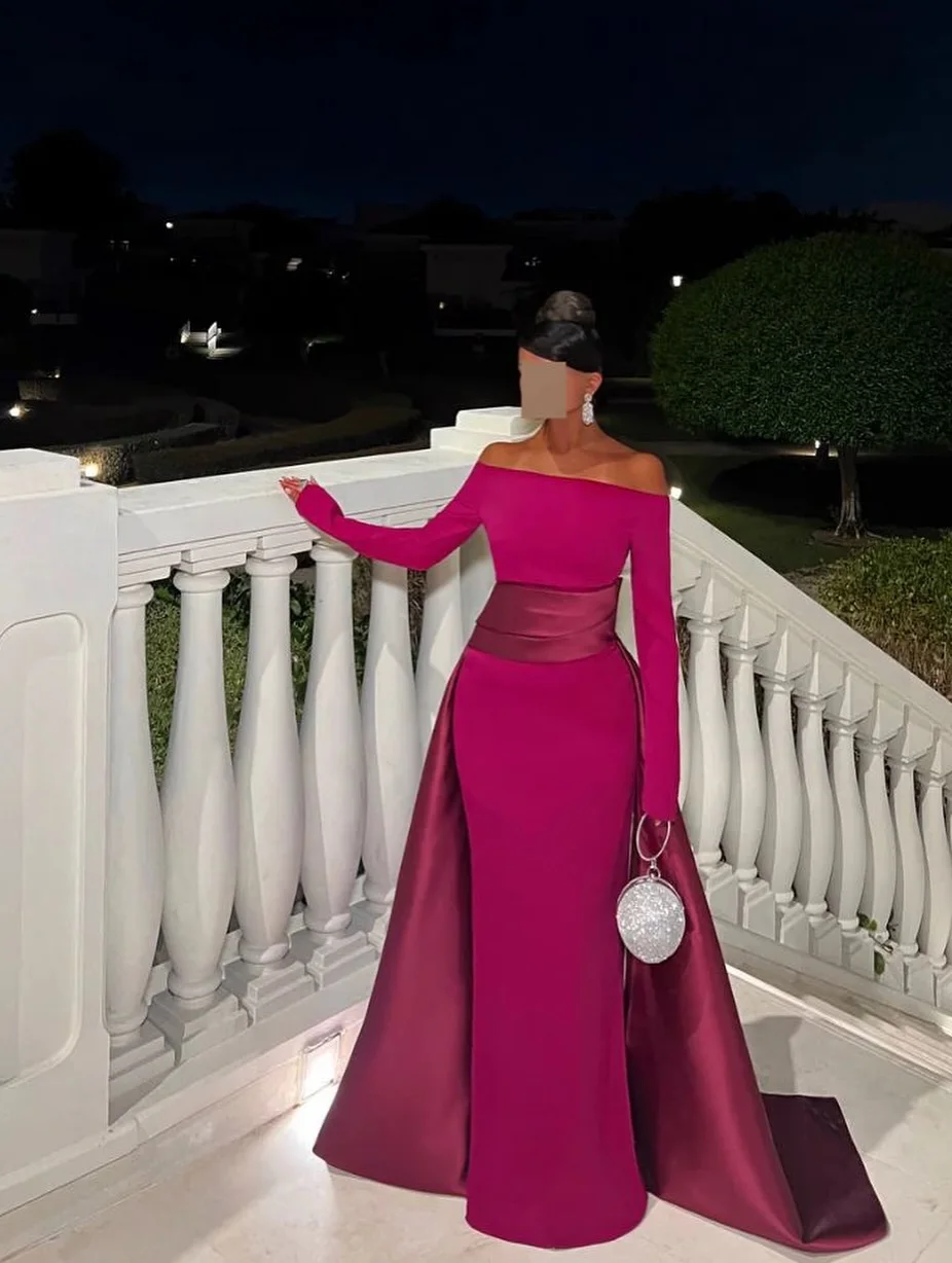 

QR Customized Elegant Women Evening Dresses Off-the-shoulder Satin Chiffo Sheath Prom Luxurious Long Sleeves Floor Length Zipper
