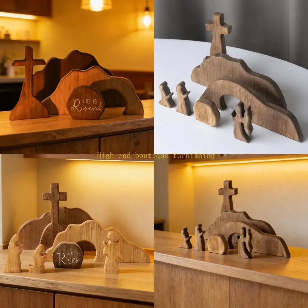 L9NB Jesuses Nativity Scene Decors Wooden Easter Resurrection Scene Religious Gift Empty Tomb Easter Scene and Crosses Decors