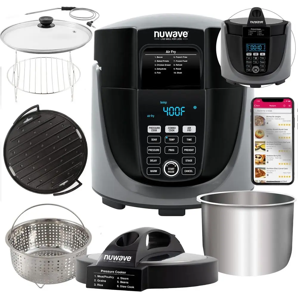 

6qt Stainless Steel Pot with Removable Air Fryer Lid and Grill Combo, 4qt Non-Stick Air Fryer Basket, Safe-Lock Technology