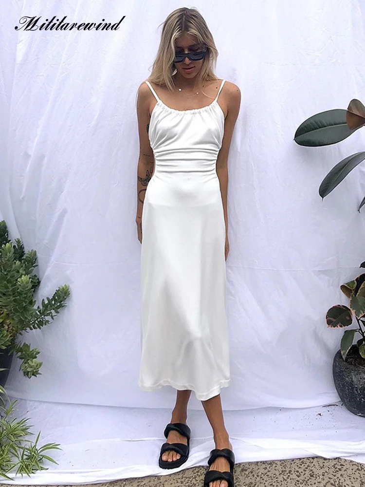 

Summer Elegant White Dress Women Sexy Backless Spaghetti Strap Mid-length Square Collar Birthday Party Dresses Holiday Beachwear