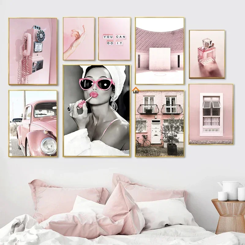 Luxury Perfume Women Pink Vintage Car Telephone Poster Decorative Paintings Canvas Wall Art Pictures Living Room Bathroom Dec