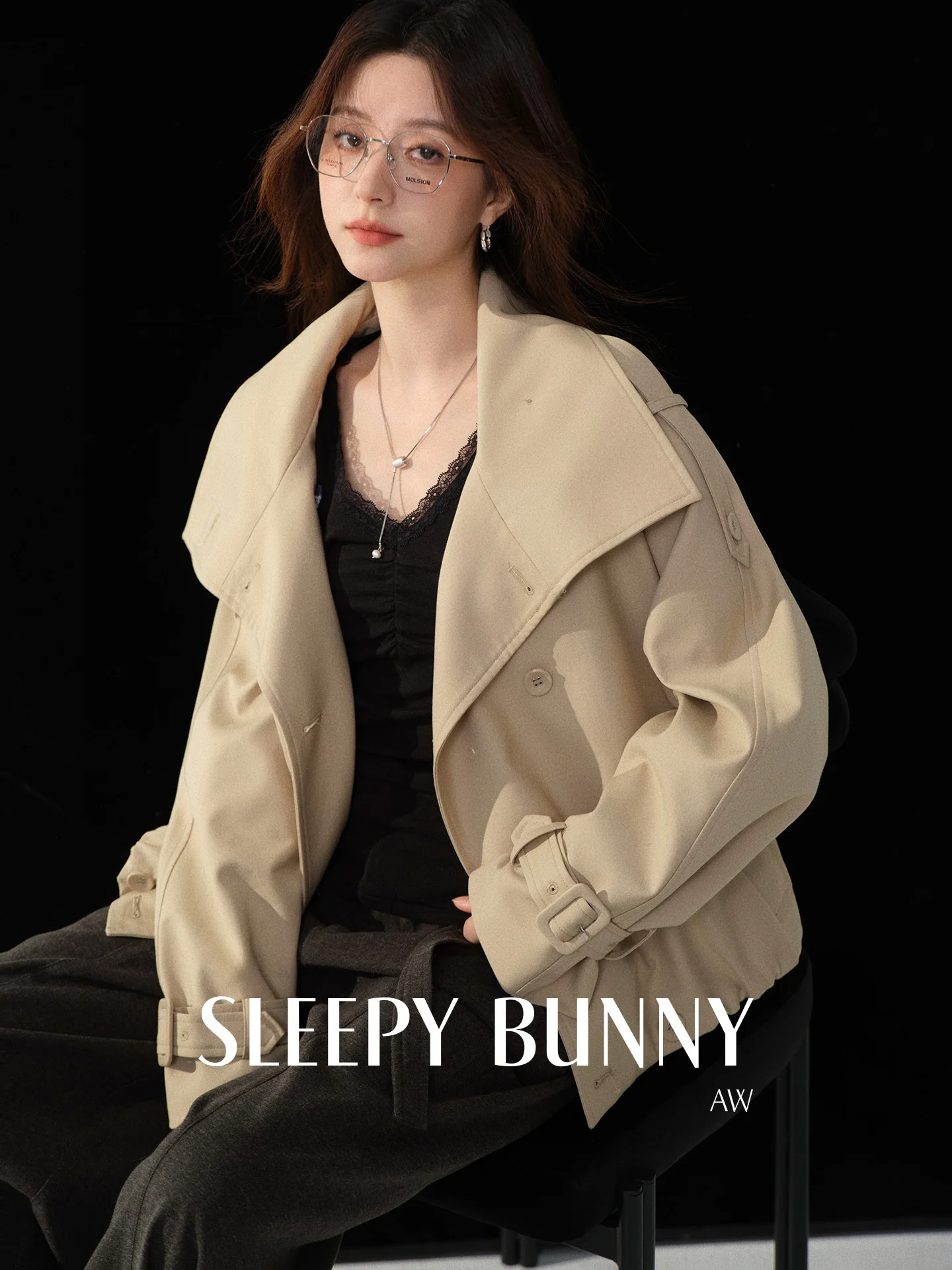 

bunny Briti Sle Double-breasted oulder-fit Coat Women's Loose Collar Top Autumn Faionable Casual Wear Polyester Blend