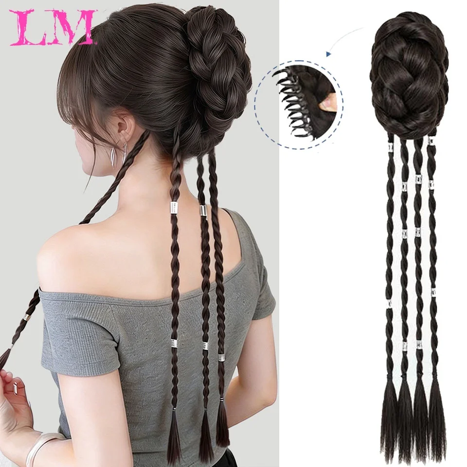 LM Braided Bun Jaw Claw Clip with Four Long Twist Braids Brown Synthetic Retro Hairpiece for Women Hanfu Daily Styling