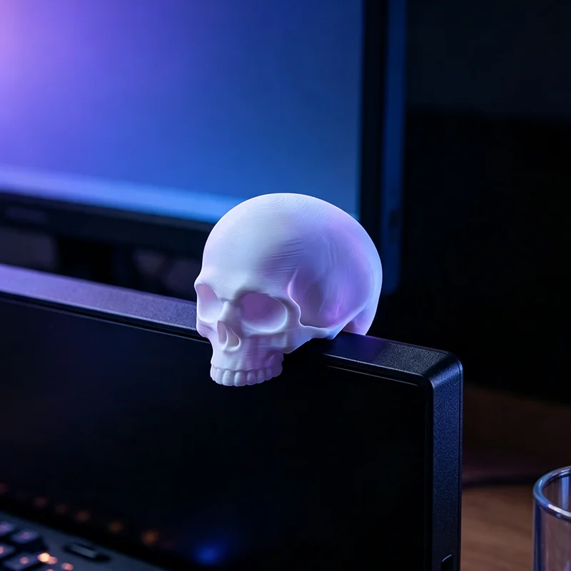 3D Printed Skull Monitor Topper Human Skull Figurine Computer Screen Edge Decor Gothic Desk Ornament Halloween Desktop Accessory