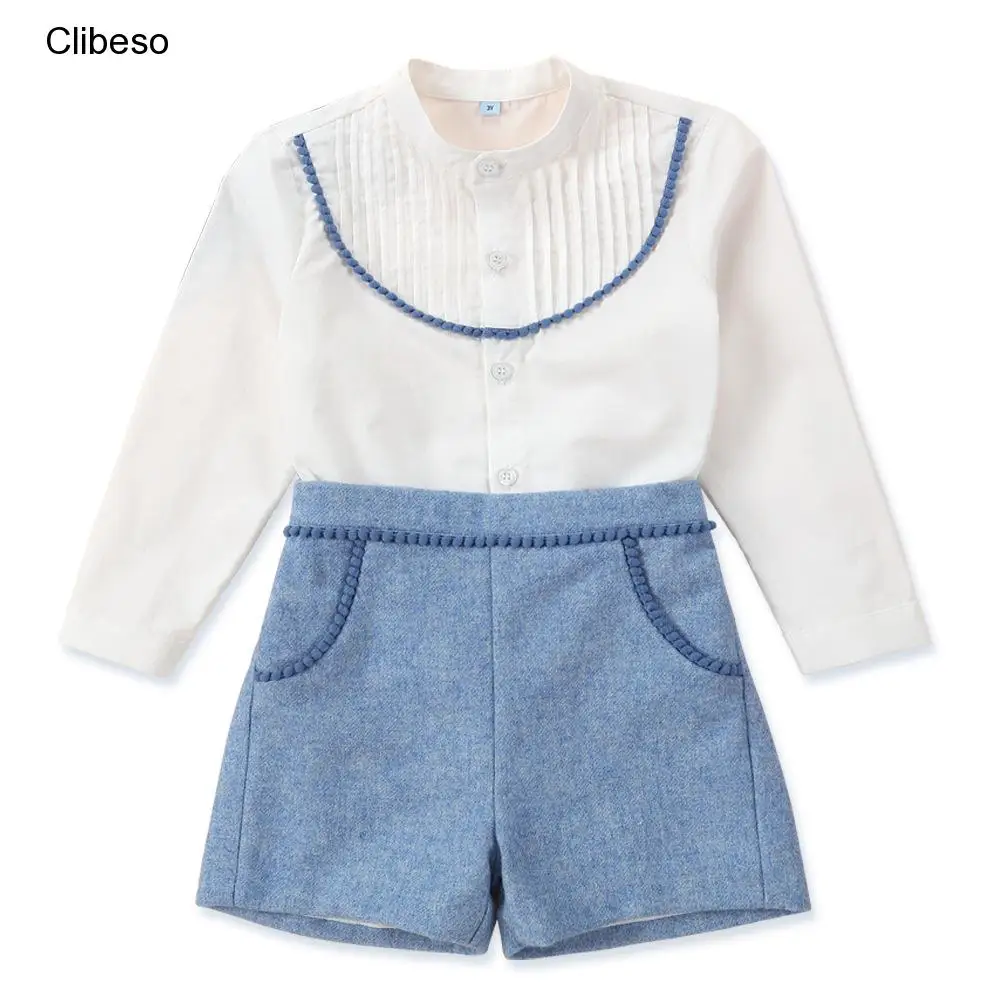 2024 eleganti vestiti di compleanno per neonati Set bambini camicetta bianca in stile britannico + pantaloni blu neonati Top e Bottom Kids Outfit