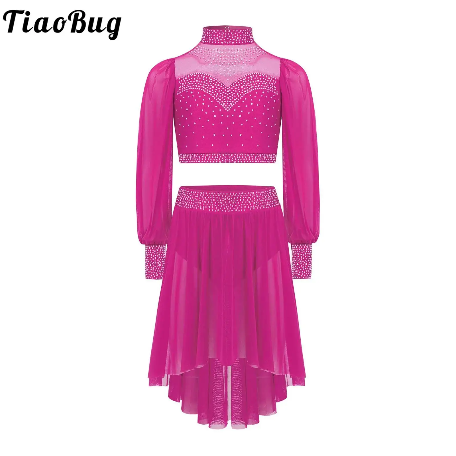 

Girls Lyrical Dance Performance Costume Sets Shiny Rhinestones Crop Top with Chiffon Skirted Ballet Dance Outfit Skating Dresses