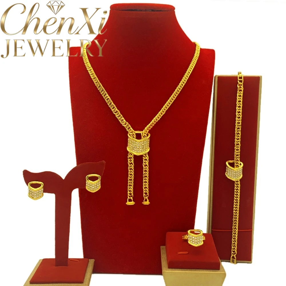 High-End Luxury Elegant Alluvial Gold Fashion Popular Jewelry Set Women Wedding Party Banquet Necklace Earrings Ring 4pcs Gift