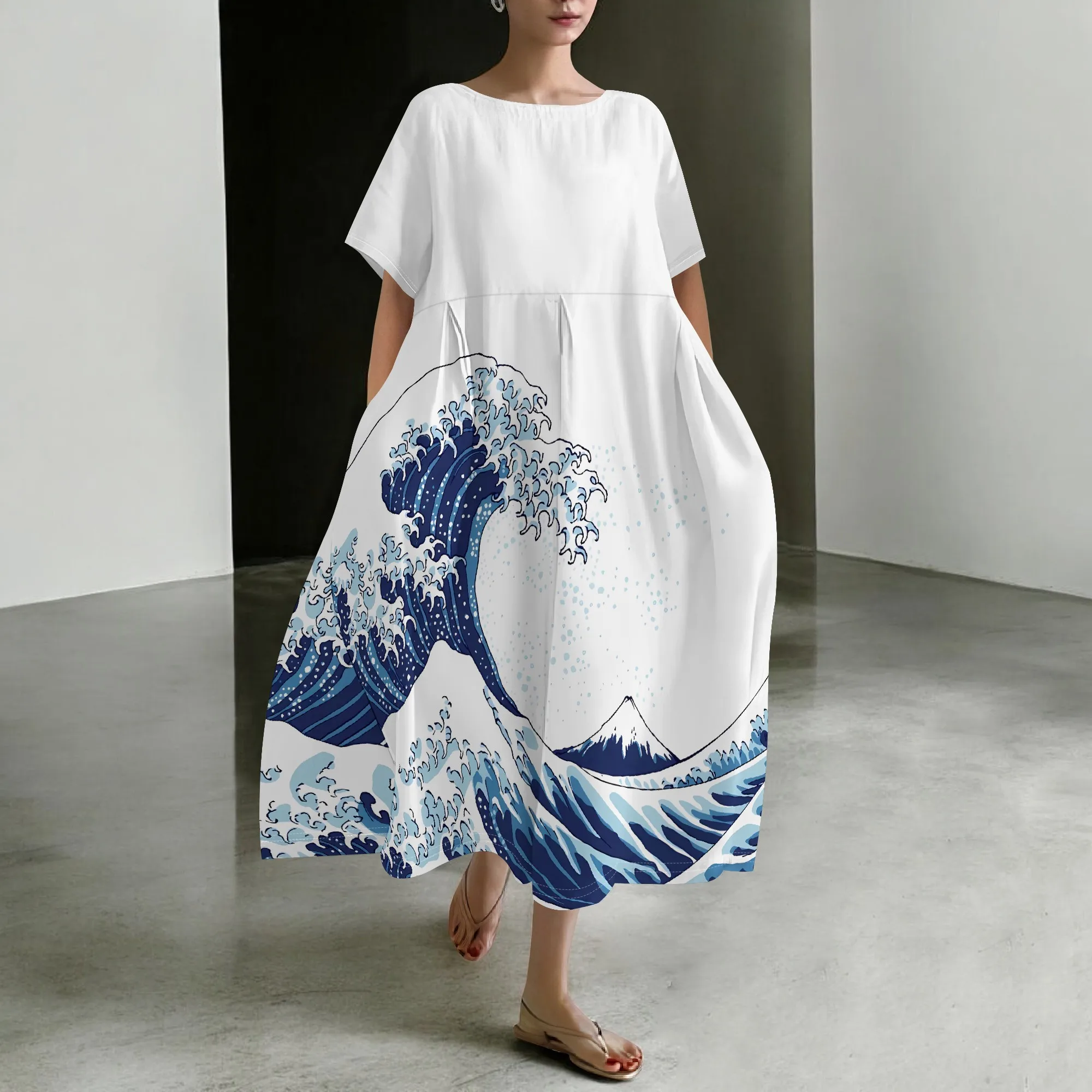 

Nupusa Great Wave Print Summer Dress for Women Crew Neck Short Sleeve Casual Maxi Dress