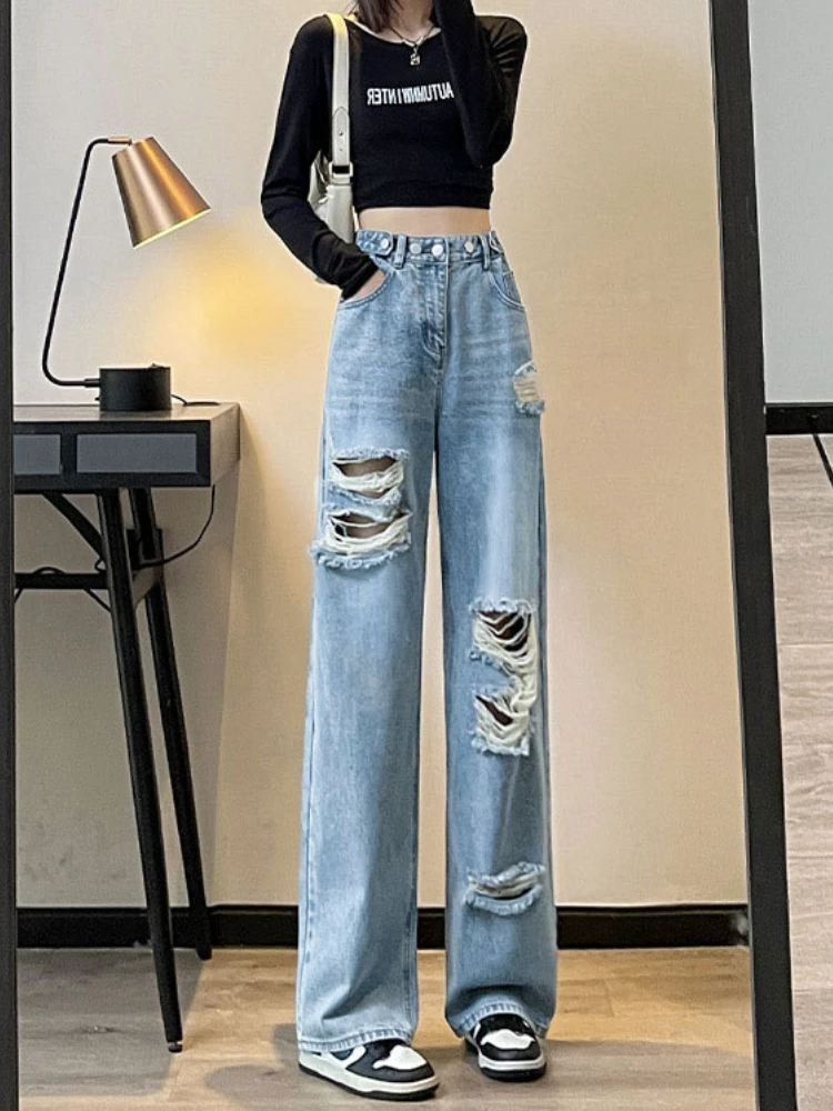 Holes Jeans Women Design Vintage High Waist Trousers Streetwear Creativity Korean Style All-match Baggy Pockets Sporty Fashion