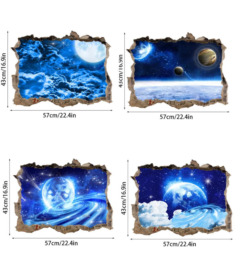 Güzelleştirmek dekoratif pencere çıkartmaları evren gezegen mavi yıldızlı gökyüzü arka plan 3D kırık duvar yanlış pencere çıkartmaları