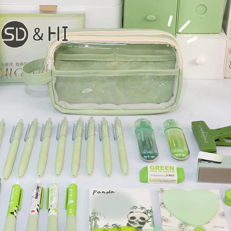 New Large Capacity Cartoon Transparent Pencil Case Minimalist Style Student Pencil Case Portable Multi-layer Stationery Bag