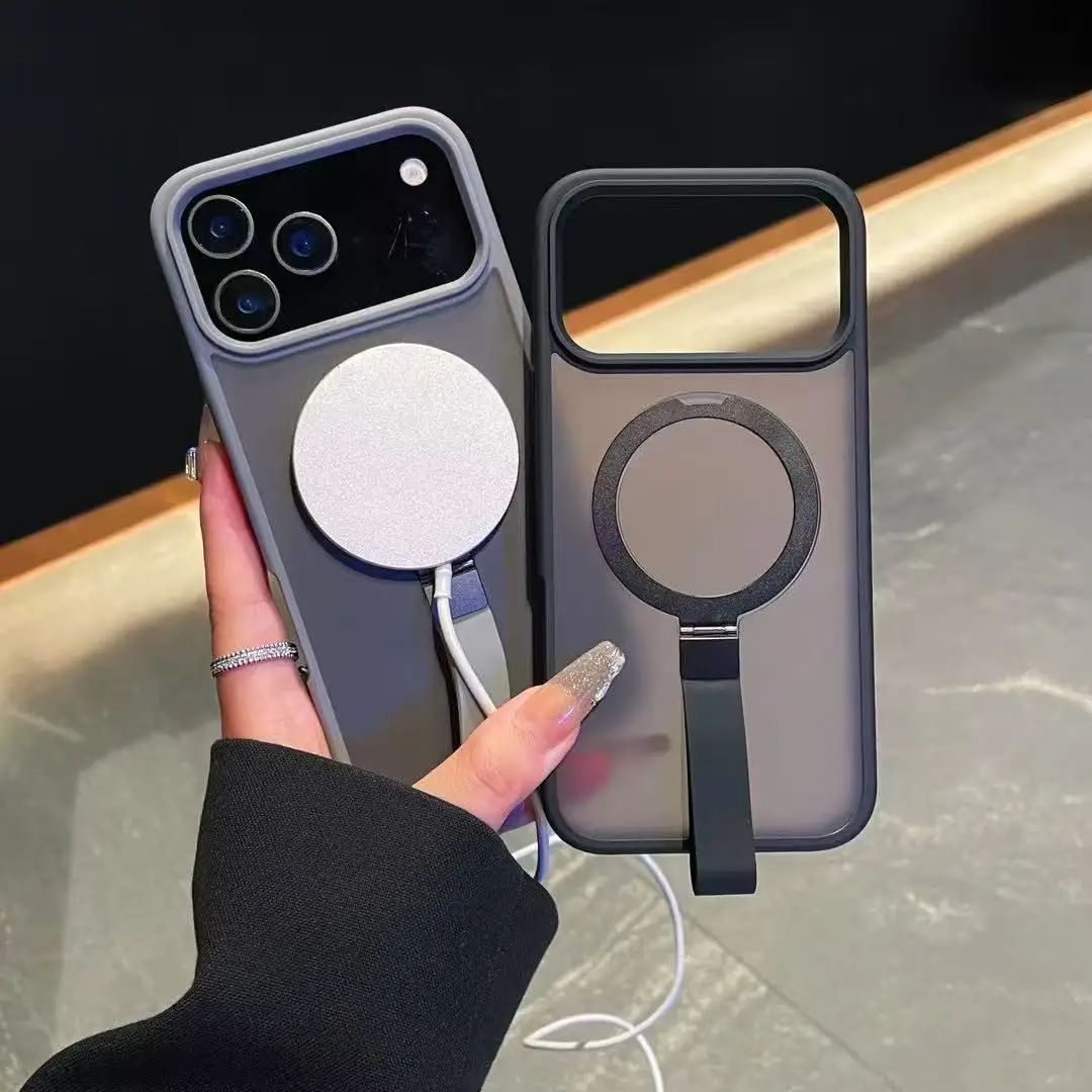 

For Magsafe Phone Case For iphone 17/17 pro/17 Pro Max/17 Air With Kickstand&Lanyard Matte Silicone Cover Mobile Holder Funda