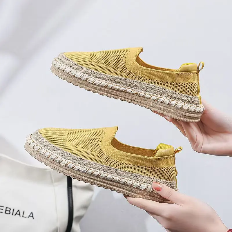 Woman's Summer Air Mesh Casual Shoes Soft Bottom Non Slip Breathable Casual Low Cut Mesh Linen Grass Woven Fisherman's Shoes