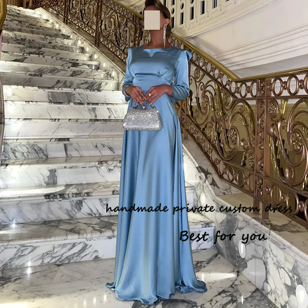 

Blue Mermaid Evening Dresses Spaghetti Straps Pleats Satin Long Arabic Dubai Prom Party Dress Floor Length Formal Gown