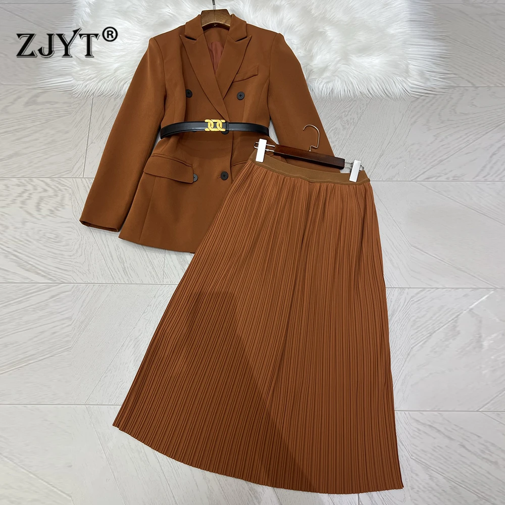 

ZJYT Дизайнерские элегантные комплекты платьев из двух предметов Женский двубортный пиджак и миди плиссированная юбка Костюм Серый наряд для офисной работы