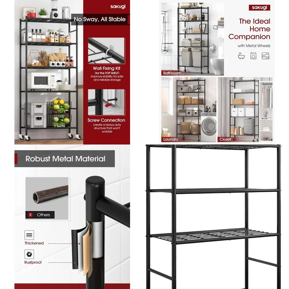 

5-уровневая регулируемая металлическая полка с колесами для организации гаража, кухни и шкафа