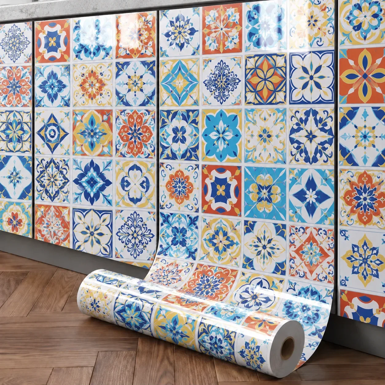 Decorative Tile-Pattern Wallpaper Suitable For Kitchens Oil-Resistant Heat-Resistant Ideal For Countertop Or Cabinet Makeovers.