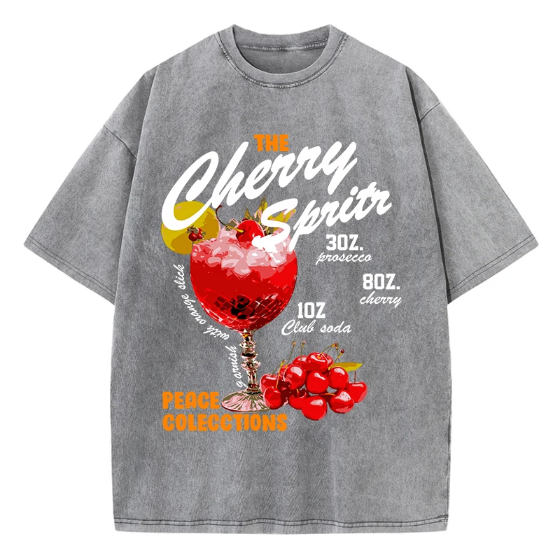 Vintage Womans Acid Wash T-Shirts The Cherry Sprits Printed Tops Oversize Comfortable Cotton Tee Shirts Casual Female Clothes