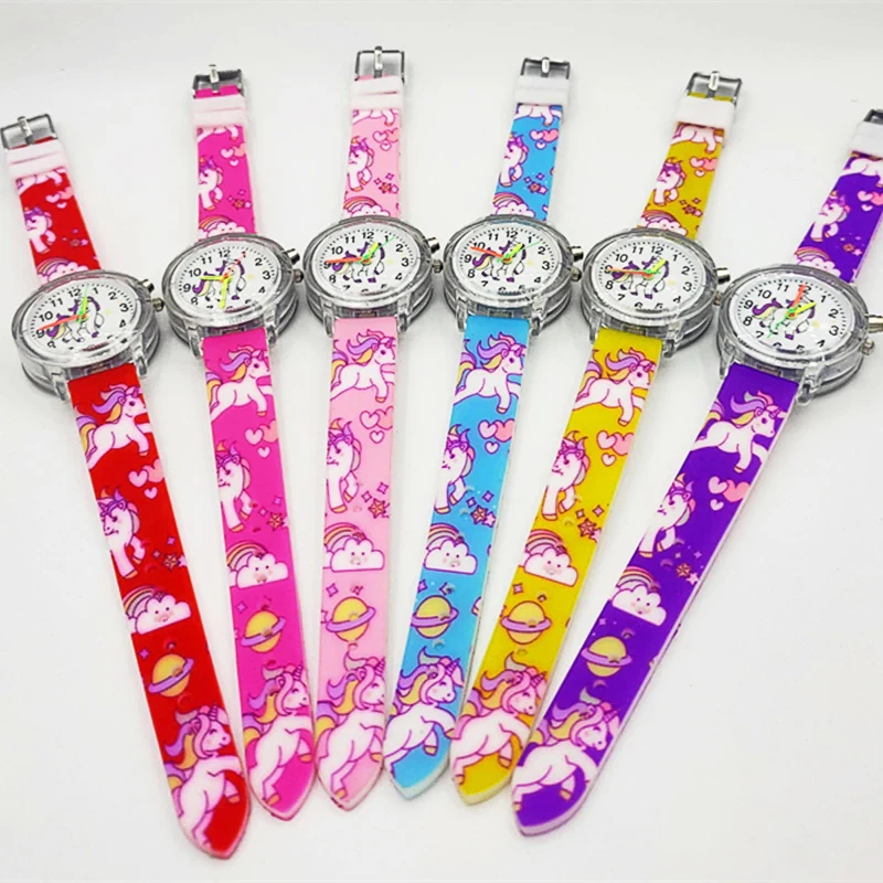 Flash Light Children Watches Cute Cartoon Unicorn Luminous Toy Kids Quartz Watch for Boys and Girls Birthday Gifts Clock