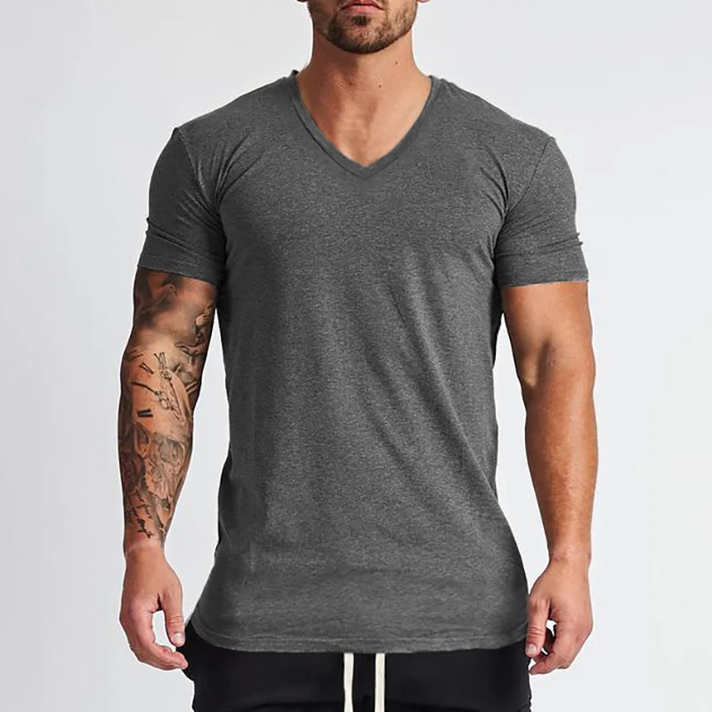 New Fashion V-Neck T-shirt Men Cotton Slim Fit Short Sleeve T Shirt Male Fitness Workout Tees Summer Bodybuilding Gym Clothing