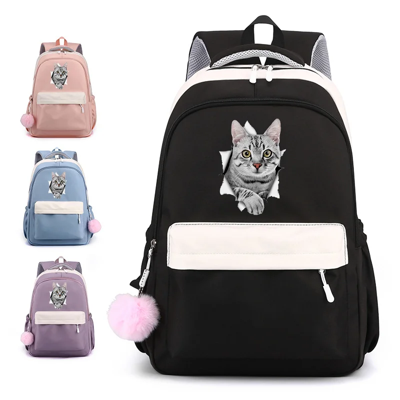 Sac à dos Harajuku à motif de chat drôle pour adolescents, sacs à livres mignons, sacs d'école à fermeture éclair de grande capacité, nouveau