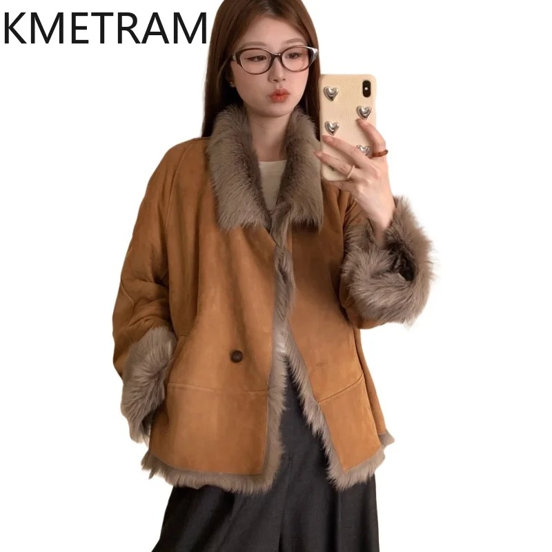 سترة KMETRAM من جلد الماعز الطبيعي مع سترة نسائية فاخرة قصيرة من الفرو الحقيقي 2025 جديدة في معاطف ملابس نسائية شتوية