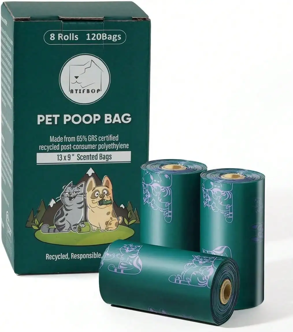 ATIFBOP Dog Poop Bags Rolls, Extra Thick And Leak-Proof Poop Bags For Dogs, 8 Refill Rolls, Scented Waste Bag For Dog And Cat, Made Form 65% Plastics