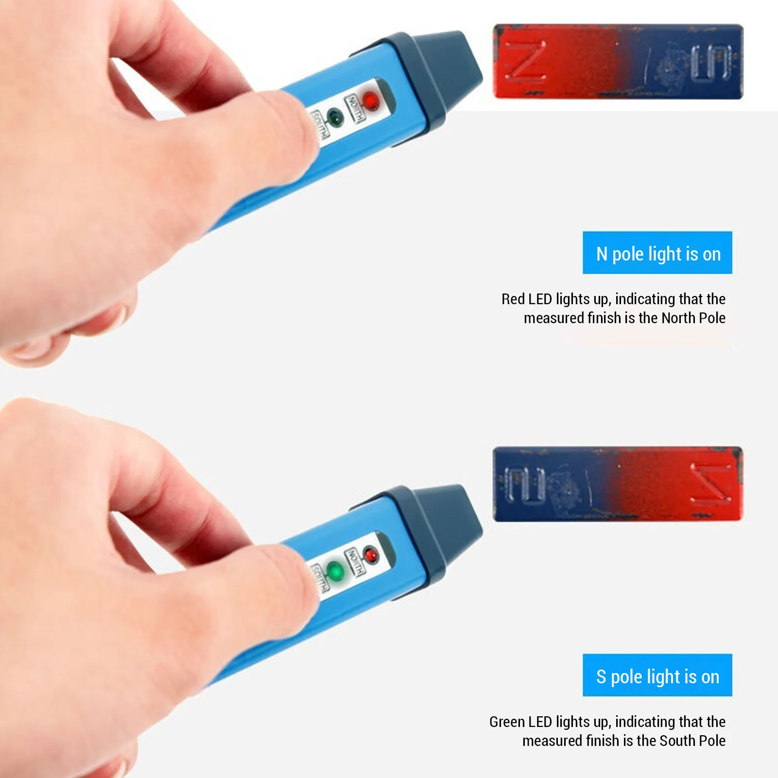 Penguji Polaritas Magnetik Detektor Kutub Utara dan Selatan Magnet Chip Berkinerja Tinggi yang Ringkas Bertenaga Baterai untuk Perakitan Motor