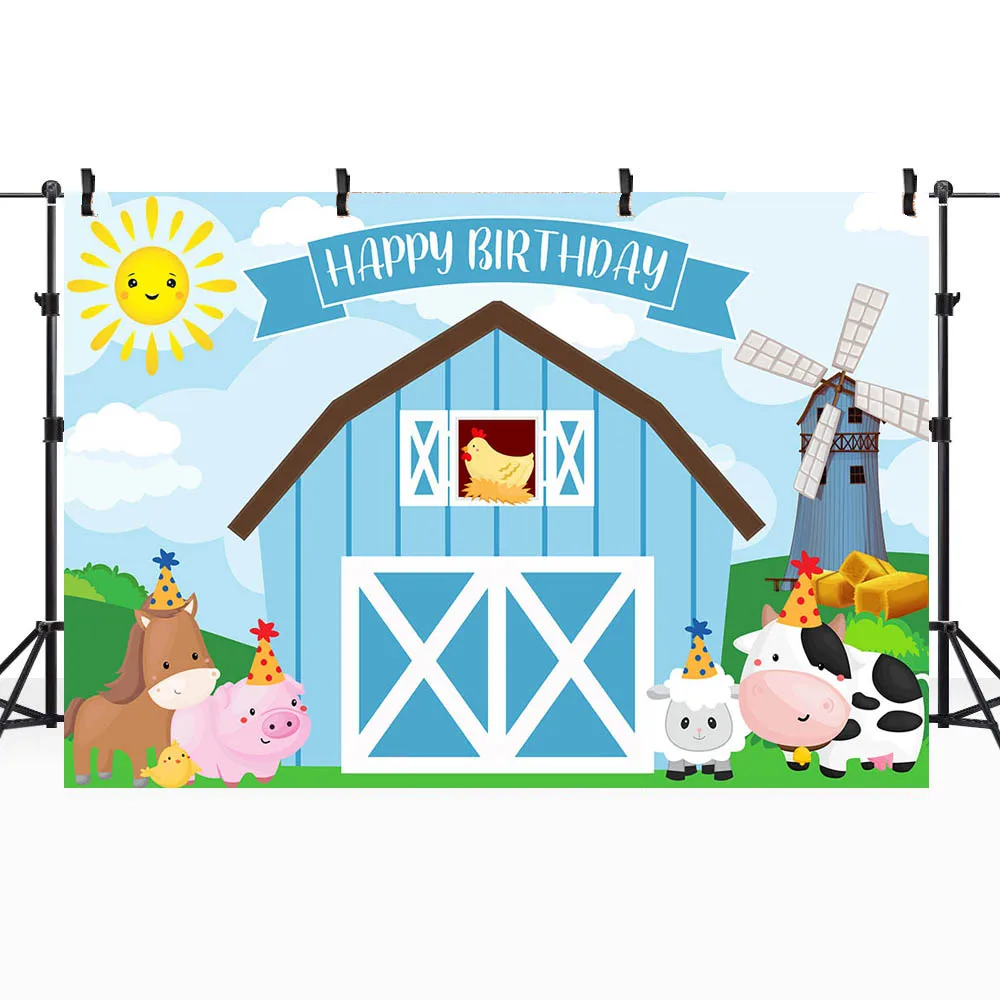 Hoạt Hình Nông Thôn Nông Trại Bé Chúc Mừng Sinh Nhật Hình Nền Xanh Dương Kho Thóc Động Vật Bé Trai 1st Sinh Nhật Chụp Ảnh Phông Nền Photocall