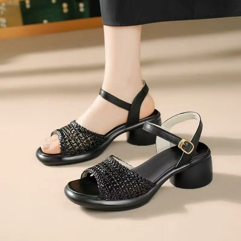Women Block Heel Peep Toe Sandals Summer New Thick sole Non Slip Leather Woven Hollow Out Buckle Strap High Heel Modern Sandals