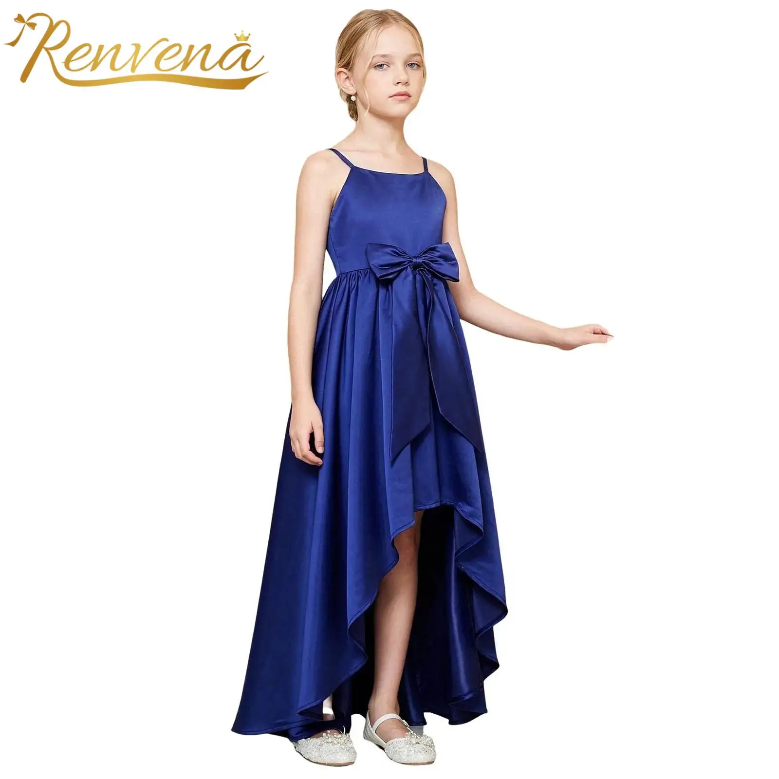 with Big Bow Holy Communion Dress Satin Flower Girls Dress Elegant Children Wedding Party Gown High-low Hem Princess Dress
