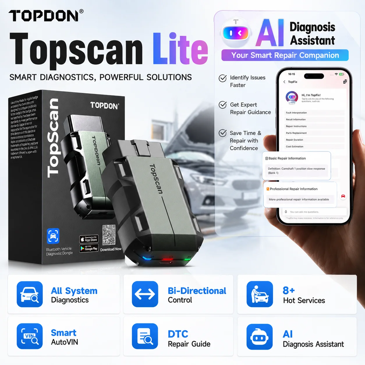 TOPDON TopScan Lite OBD2 Scanner Bidirectional Scan Tool TopFix AI Repair Assistant Full System Diagnostic for 120 Brands 8 Reset Service CAN‑FD Gateway