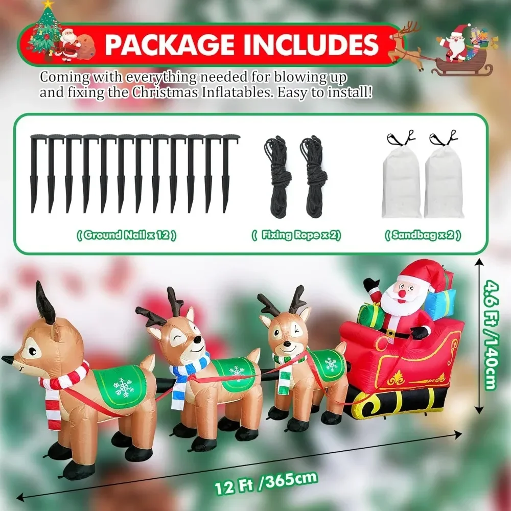 12 Foot Reindeer Christmas Inflatable Decoration, Santa Claus on A Huge Sled and 3 Reindeer Christmas Inflatable Toys