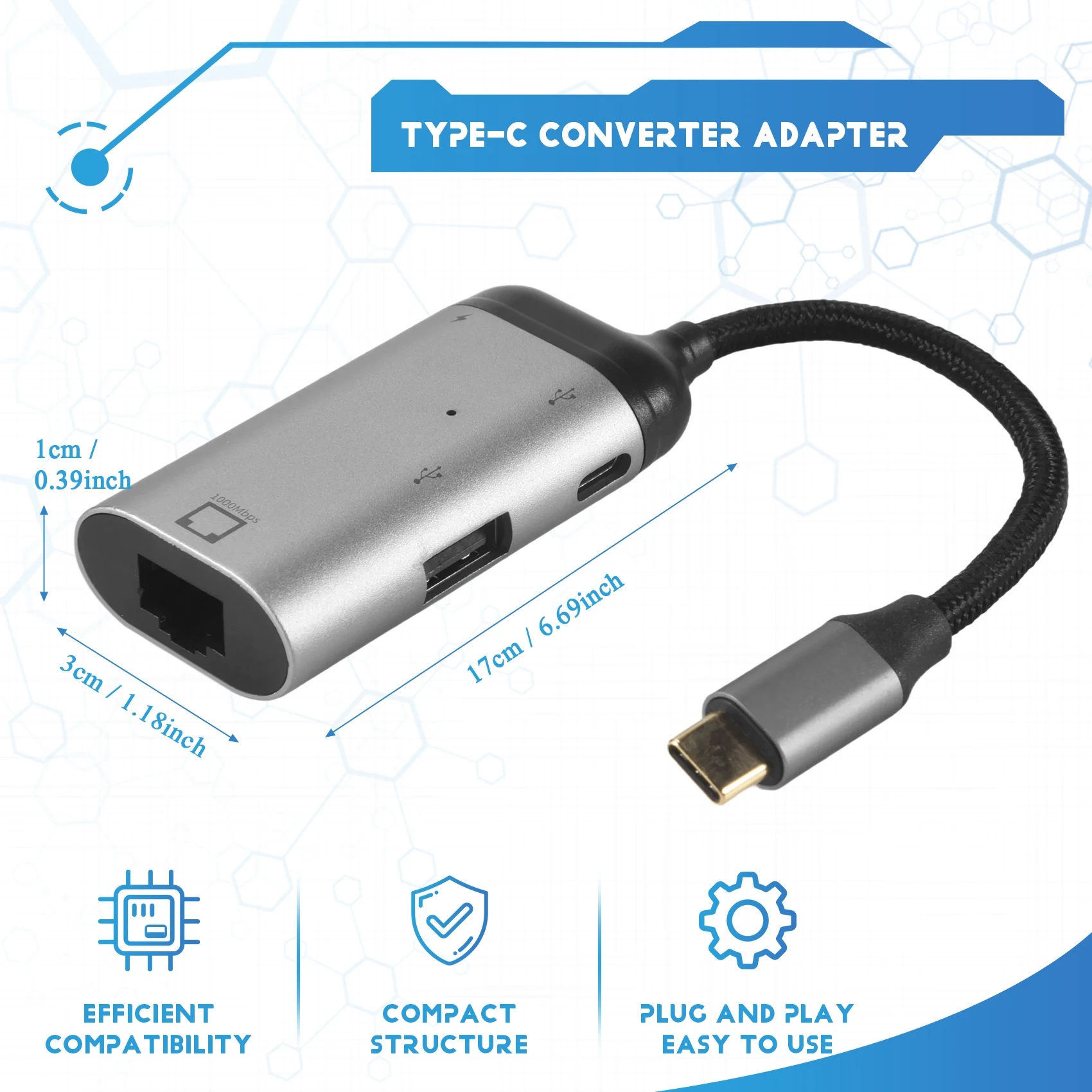 ABUO 3 in 1 Type-C to Gigabit Ethernet RJ45 LAN PD Charging USB C Data Port Converter Adapter for