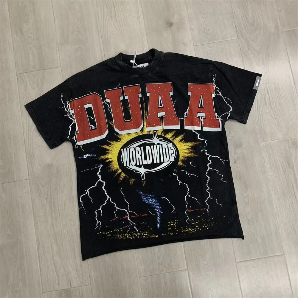 

Футболка DUAA Worldwide с короткими рукавами и принтом молнии и торнадо из страз, мужская и женская футболка высшего качества, топы