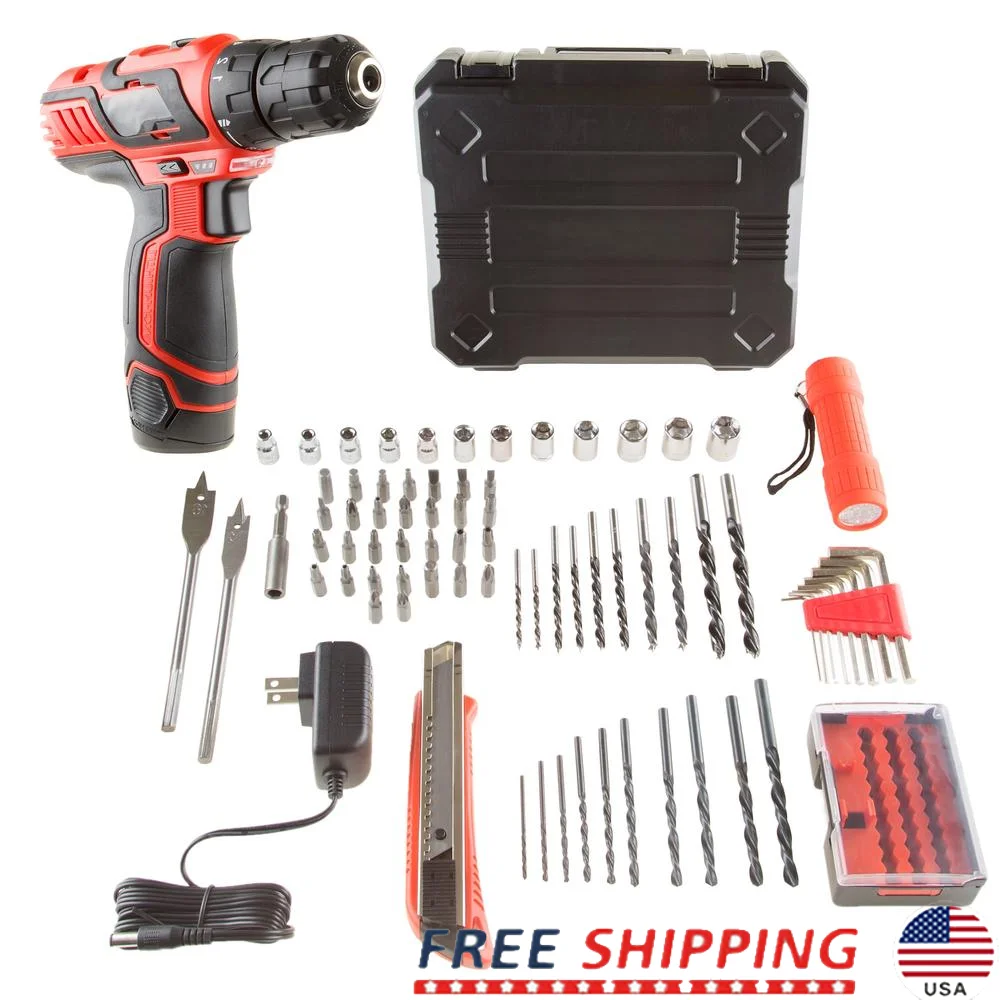 12V Electric Drill Set with 75 Accessories and LED Flashlight