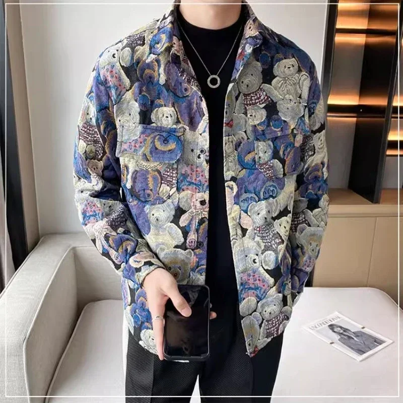 Mens Loose Varsity Bear Full Pattern Baseball Jackets Men and Women Autumn Streetwear Fashion Causal Bomber Outwear Unisex Coat