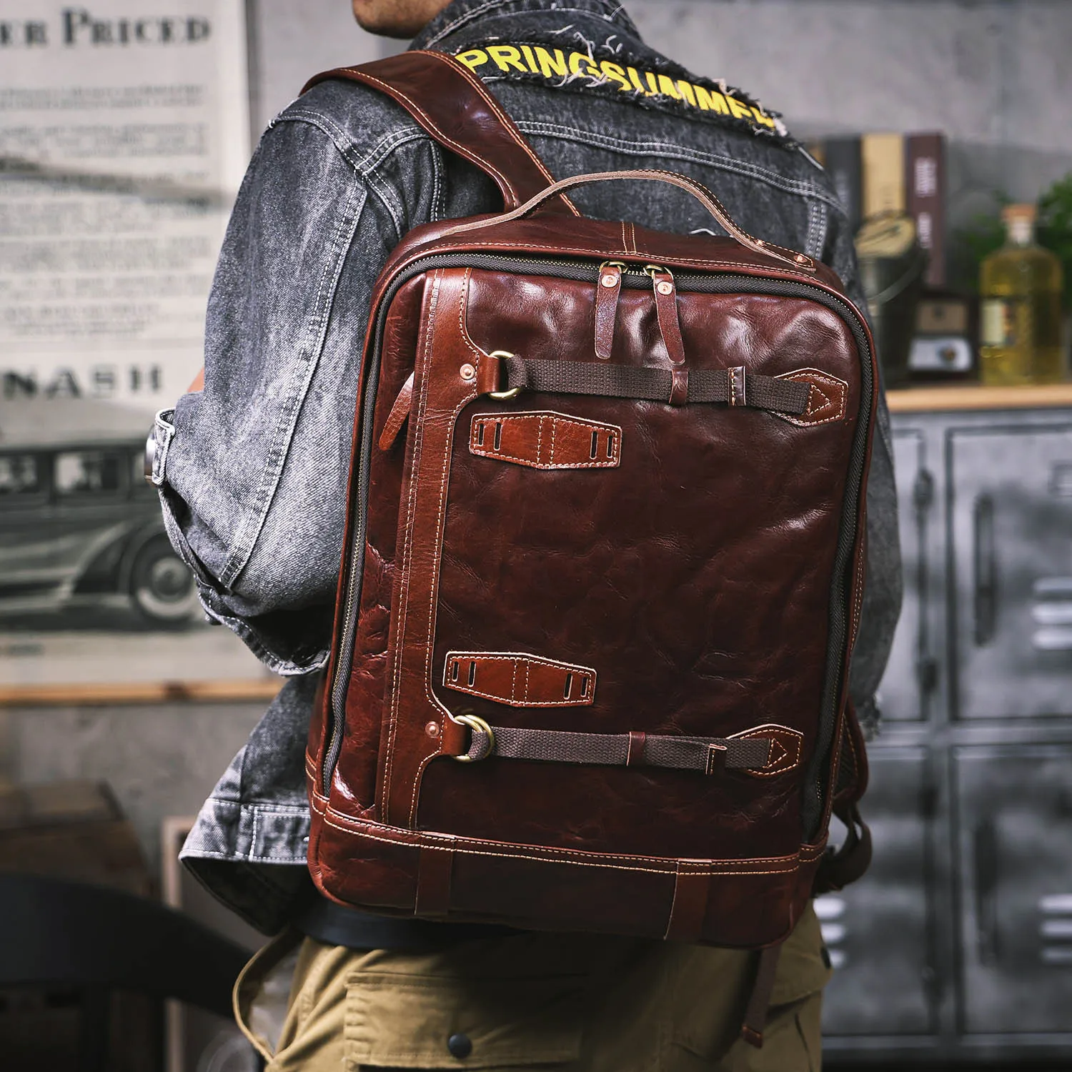 Fashion vintage designer handmade vegetable tanned cowhide men's backpack work genuine leather large-capacity laptop schoolbags