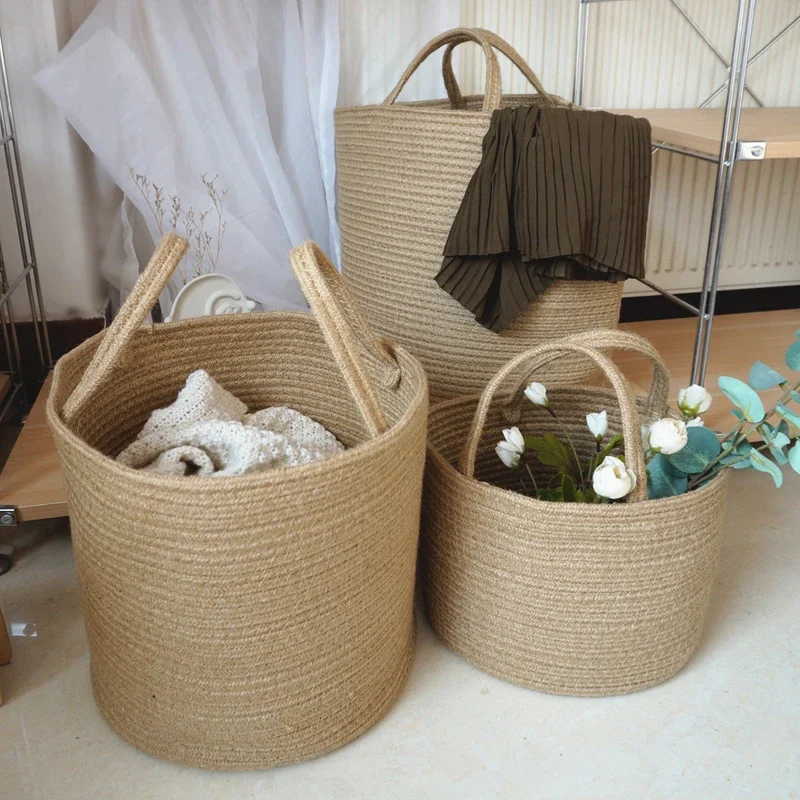 Handmade Woven Dirty Laundry Basket Foldable Cosmetic Storage Basket Straw Wicker Rattan Seagrass Garden Flower Pot Storage