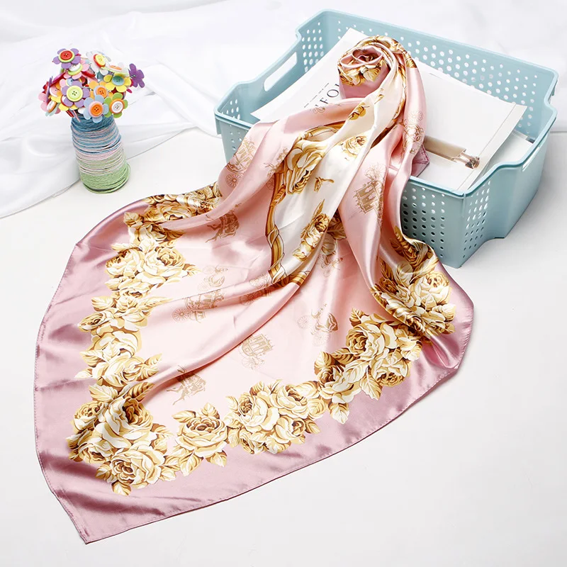 Fashion Kerchief Bandana Head Scarf Women Floral Print Silk Satin Hijab Scarfs Female 90*90cm Shawls Neck Scaves For Ladies