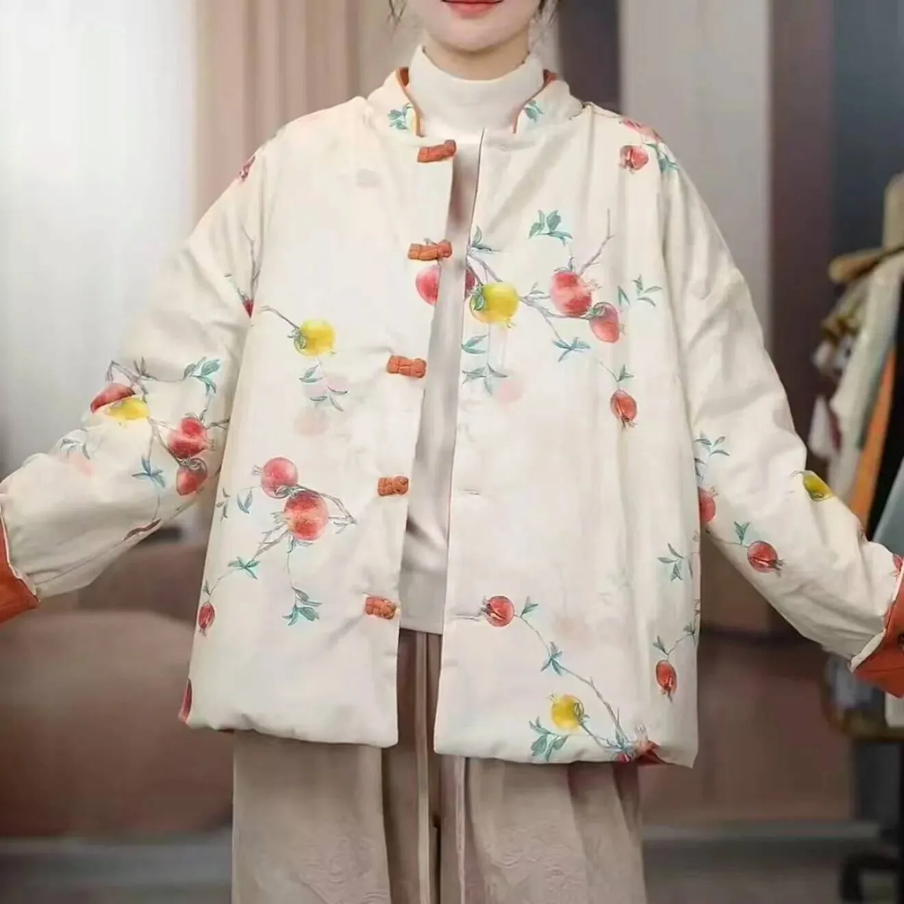 Nuova giacca spessa stile cinese da donna manica lunga colletto con spalle scoperte stand up vestiti di cotone double face...