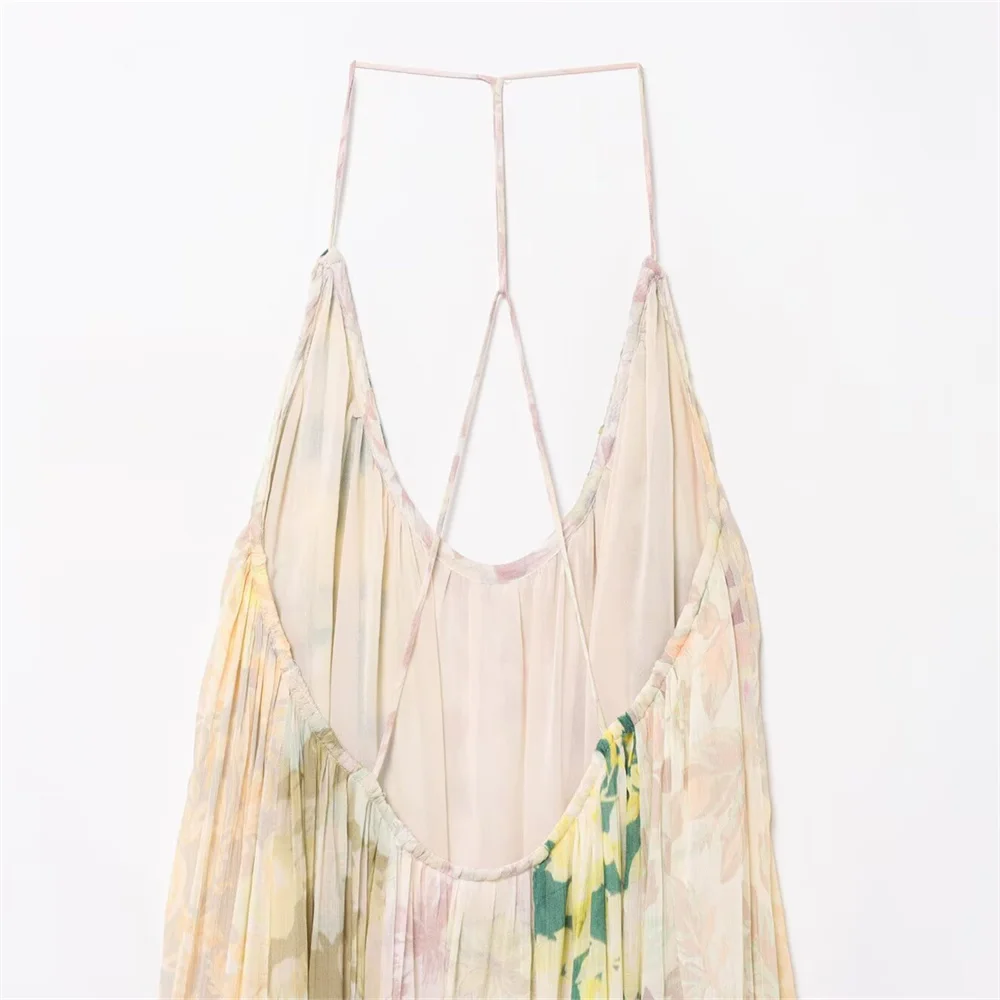 women's fashion backless flower print patchwork long dress with suspender, summer new sexy slim fit MIDI dress