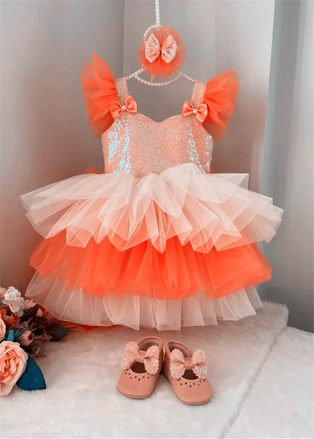 Flower Girl Dress Puffy Tulle Orange Tiered Bow Tailing Sleeveless For Wedding Princess Birthday Party Ball First Communion Gown