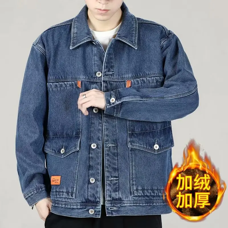 سترة رجالي دافئة مبطنة بالصوف بجيوب متعددة معطف شتوي سميك من قماش الدنيم ملابس عمل فضفاضة مقاس كبير متينة مقاومة للأوساخ #4