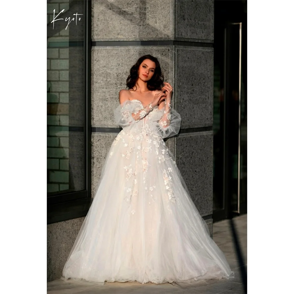

Kyoto индивидуальное свадебное платье трапециевидной формы с белыми кружевными цветами и пышными рукавами и открытой спиной, вечернее платье длиной до пола, 2025