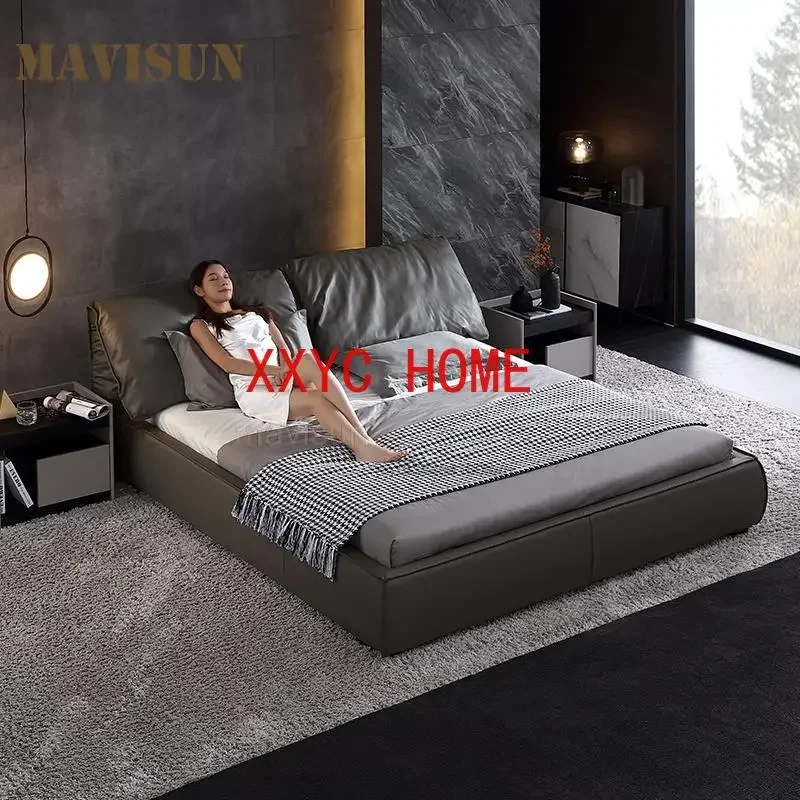 American Minimalist Leather Double Bed King Queen Size Master Bedroom Antique Wooden Furniture Post-Modern Luxury Wedding Bed